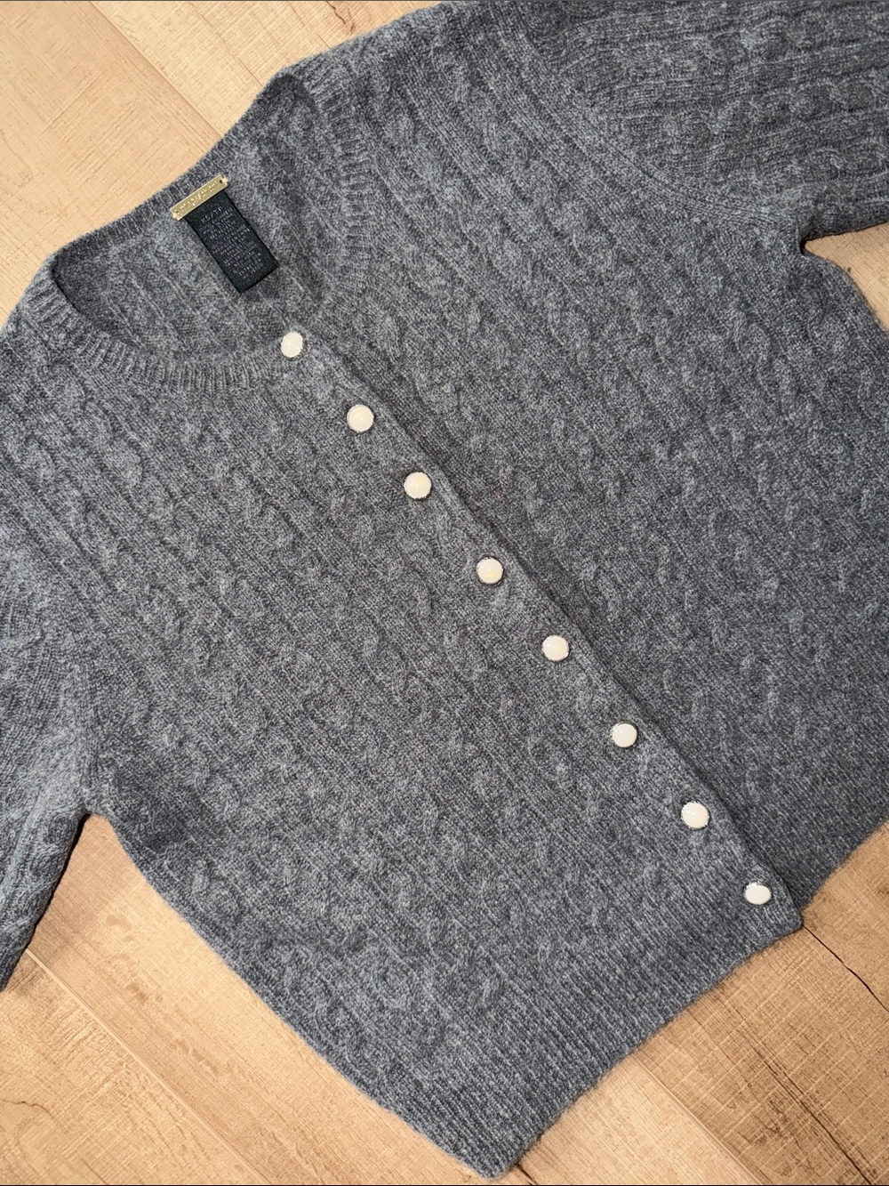 Magaschoni Grey Cable-Knit Crewneck Short Sleeve Cardigan with Pearl Buttons-XS
